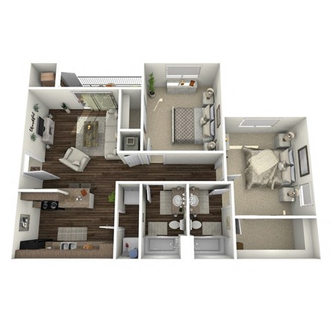 Floor plan for 2 beds, 2 baths, 956 sqft